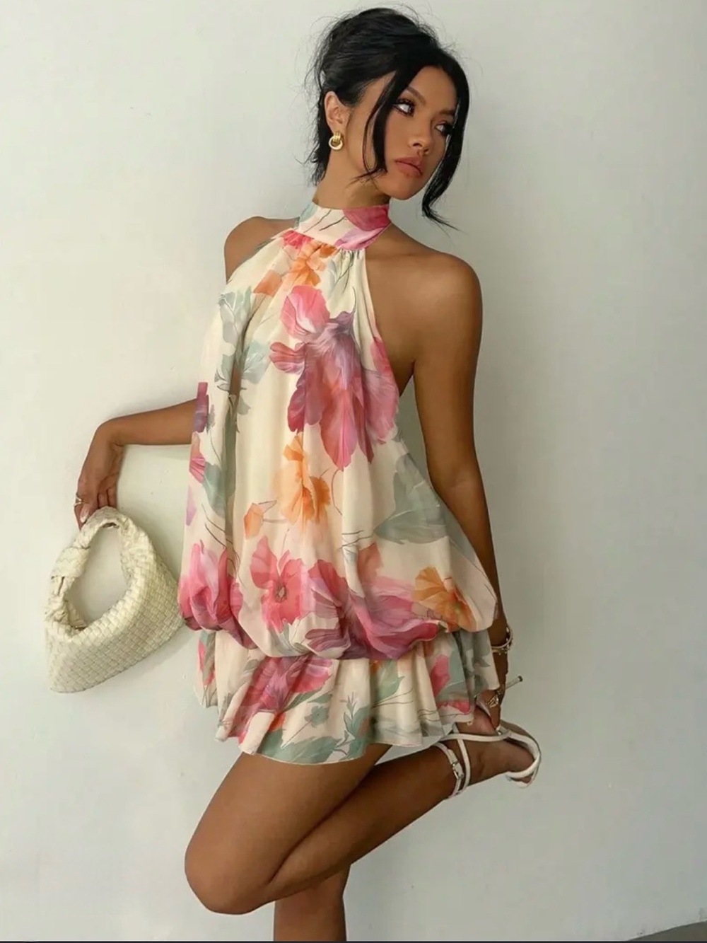 Floral Halter Bubble Dress in Cream and Pink